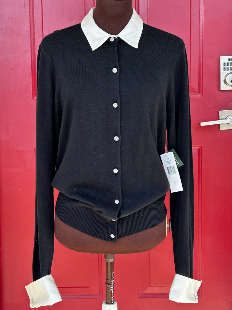 Nwt Ralph Lauren Sxl Elegant Cardigan-Blk Silk/Cashmere W/ Silk Collar/Cuffs